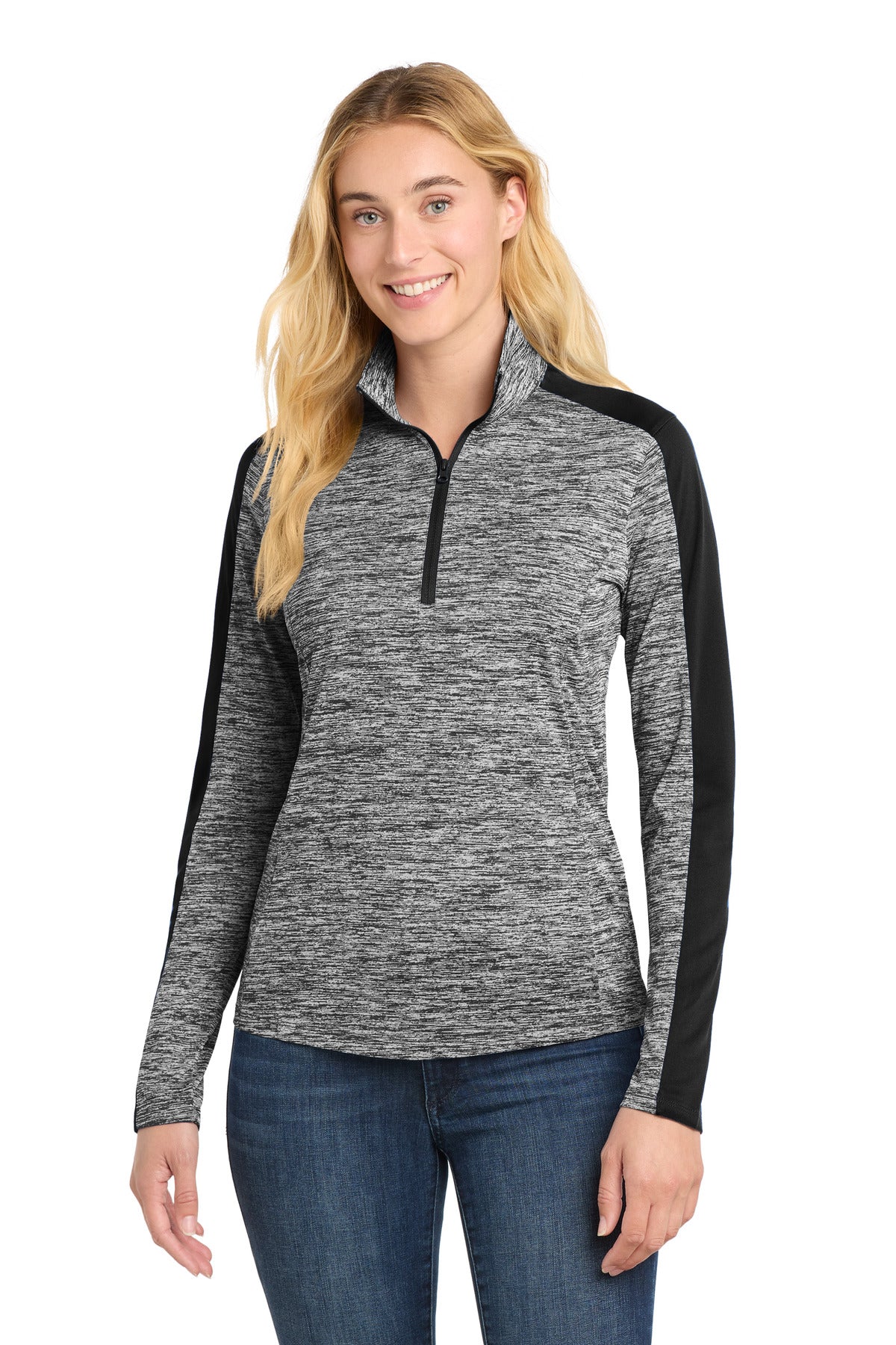 Sport-Tek?? Women's PosiCharge?? Electric Heather Colorblock 1/4-Zip Pullover. LST397