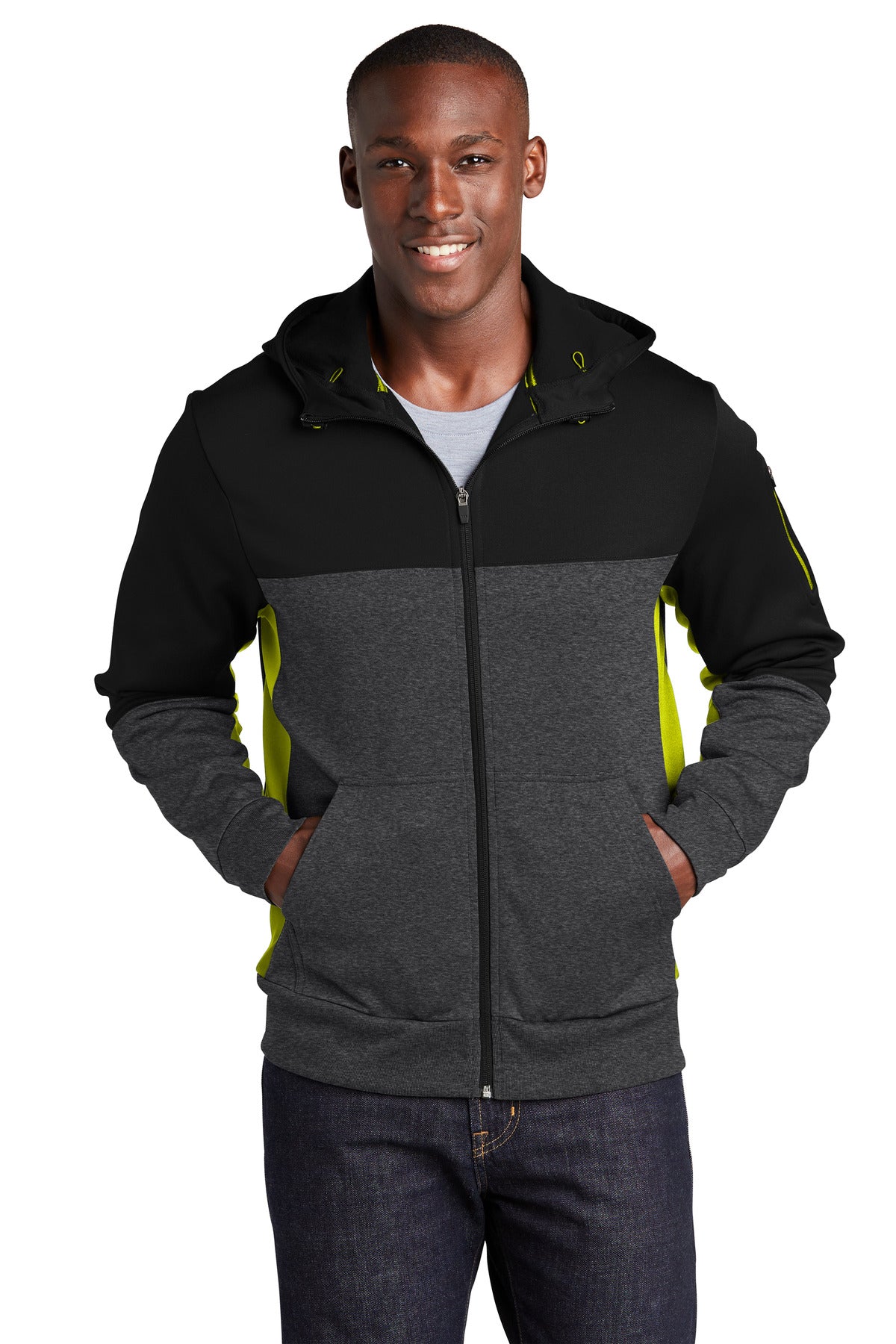 Sport-TekÂ® Tech Fleece Colorblock Full-Zip Hooded Jacket. ST245