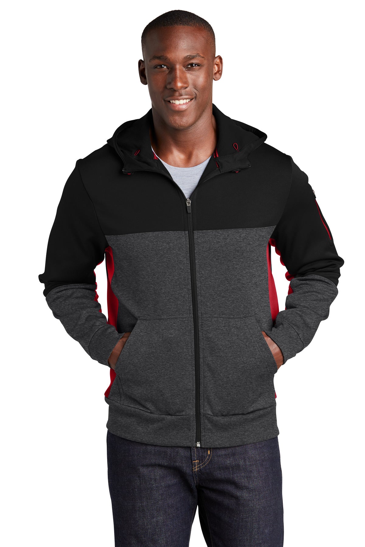 Sport-TekÂ® Tech Fleece Colorblock Full-Zip Hooded Jacket. ST245