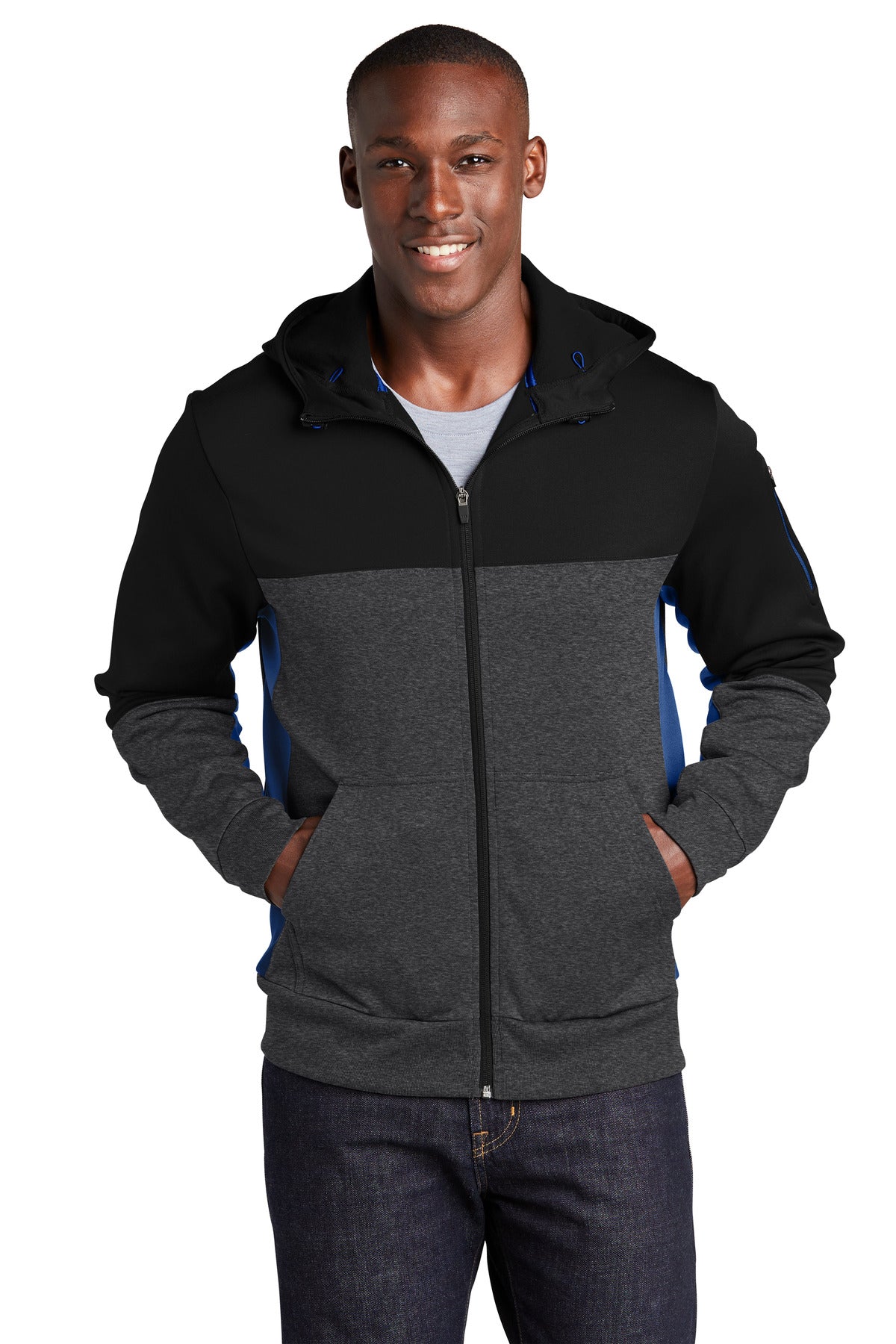 Sport-TekÂ® Tech Fleece Colorblock Full-Zip Hooded Jacket. ST245