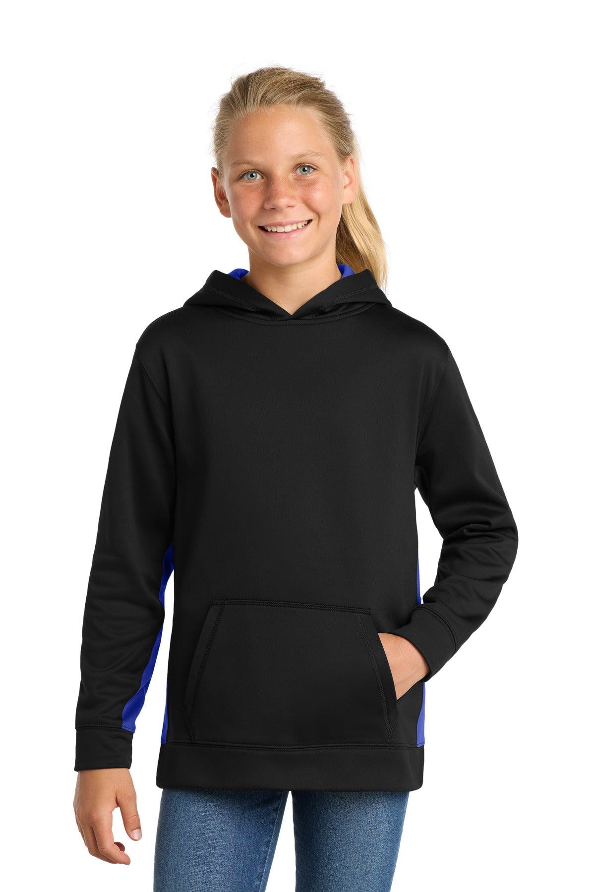 Sport-TekÂ® Youth Sport-WickÂ® Fleece Colorblock Hooded Pullover.  YST235