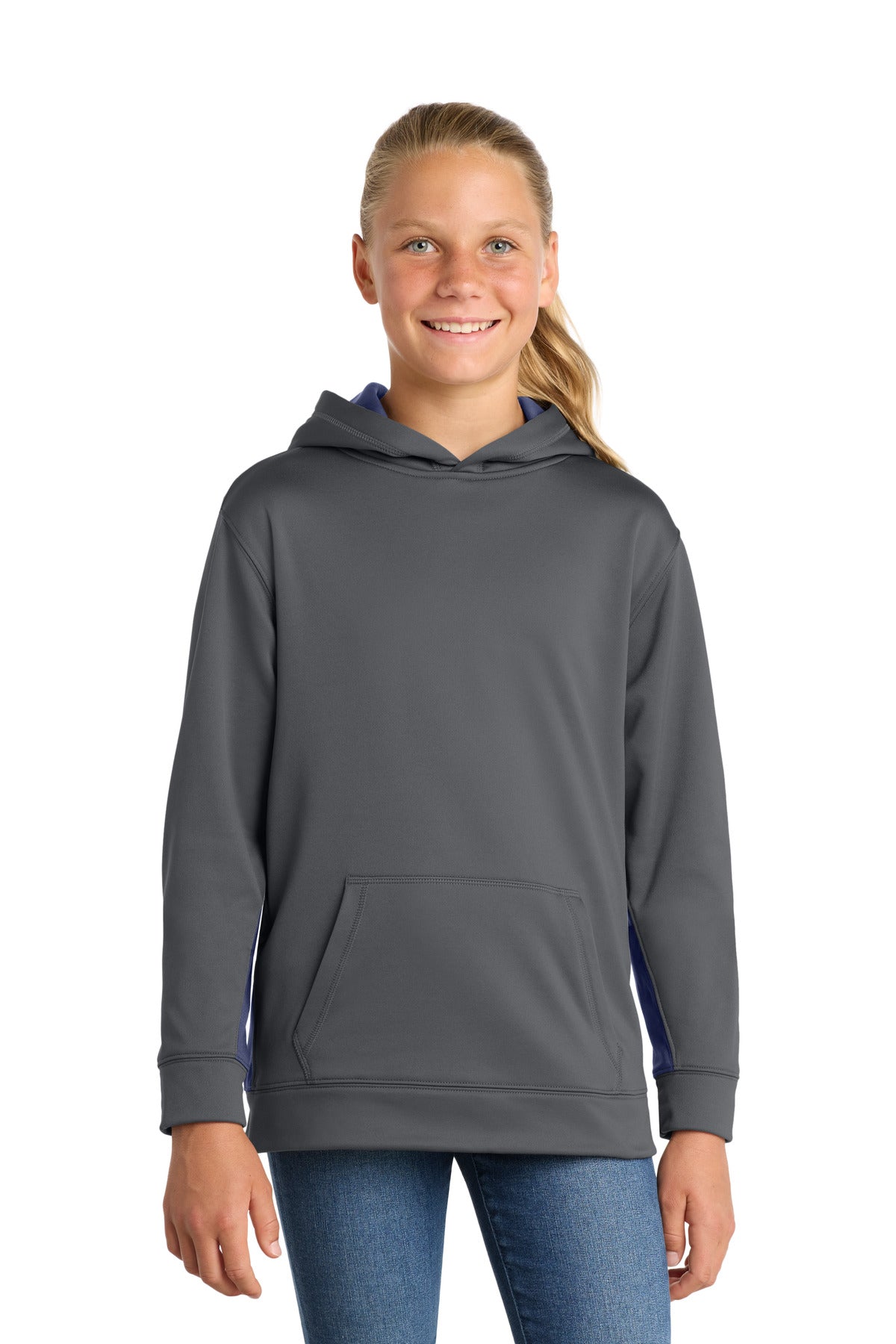 Sport-TekÂ® Youth Sport-WickÂ® Fleece Colorblock Hooded Pullover.  YST235