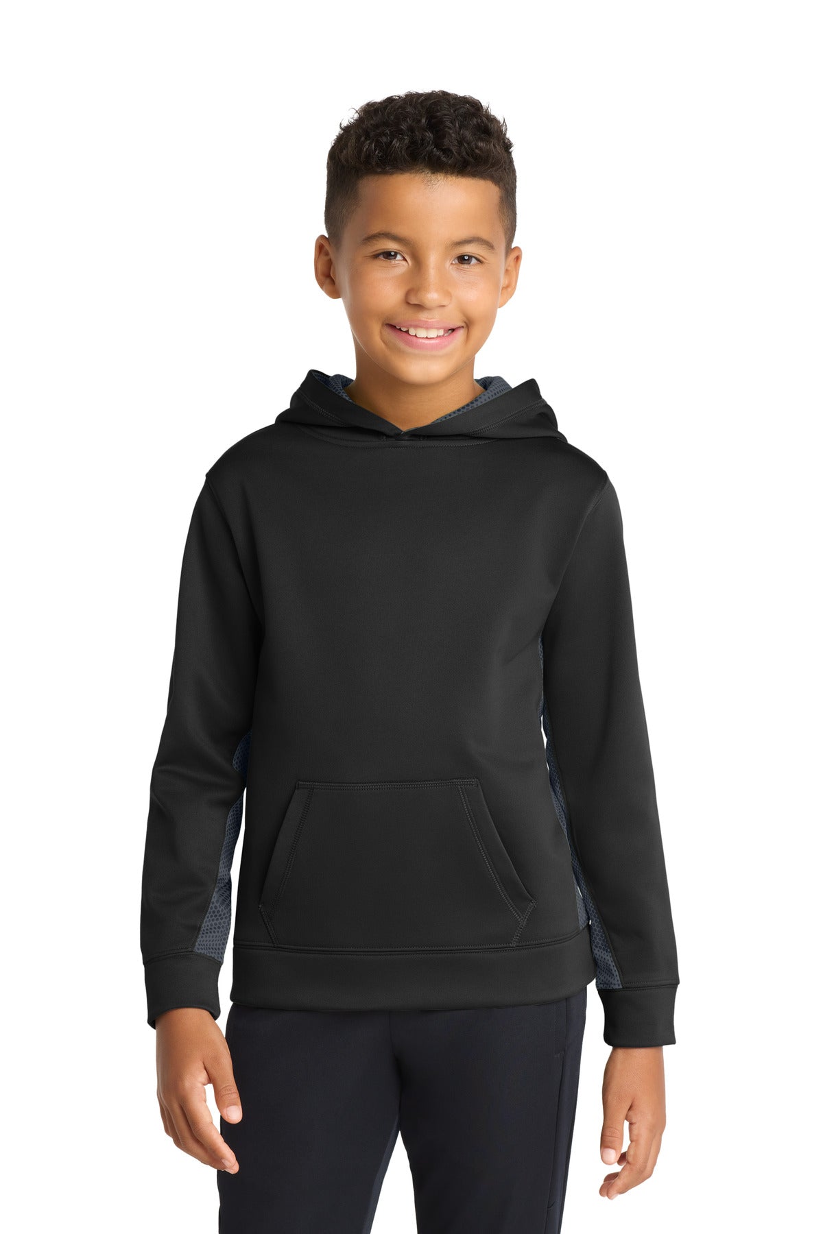 Sport-TekÂ® Youth Sport-WickÂ® CamoHex Fleece Colorblock Hooded Pullover.  YST239