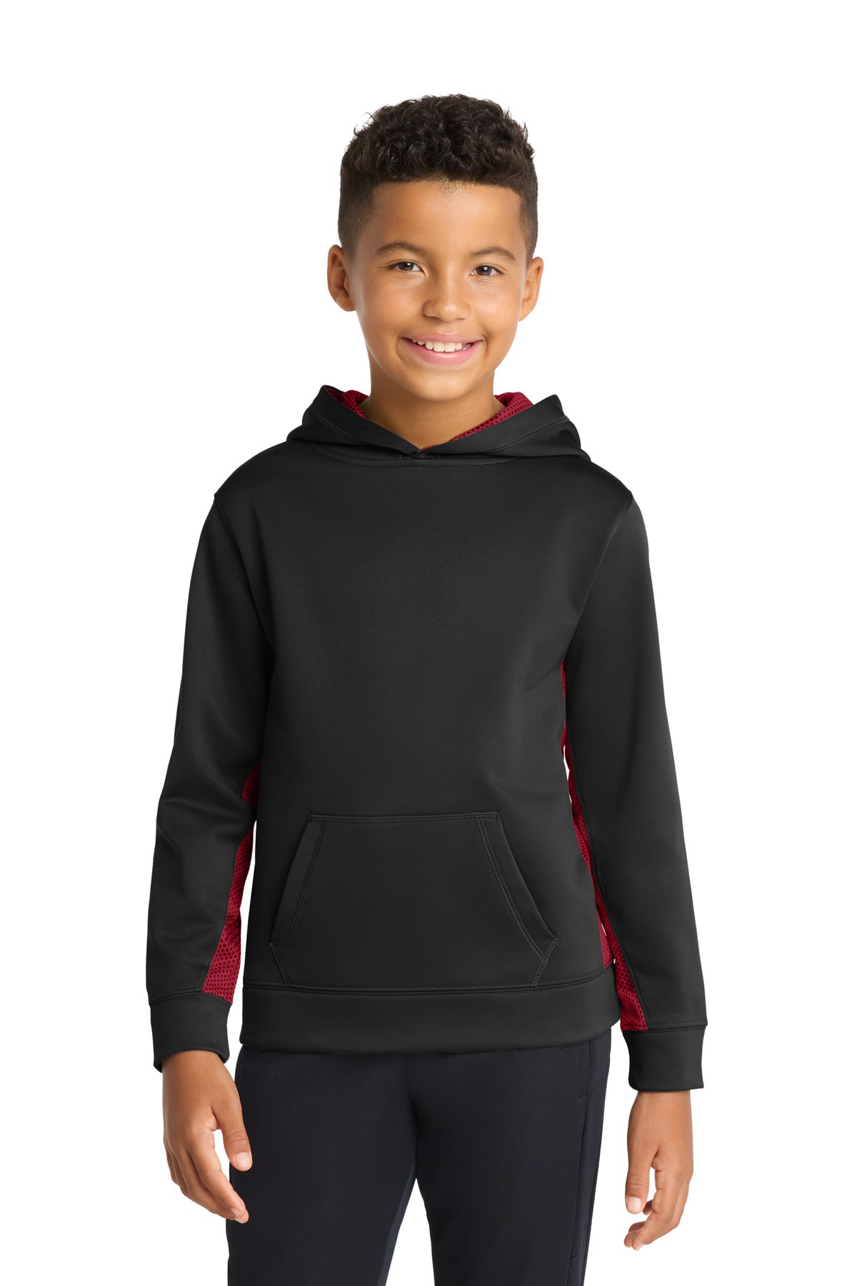 Sport-TekÂ® Youth Sport-WickÂ® CamoHex Fleece Colorblock Hooded Pullover.  YST239