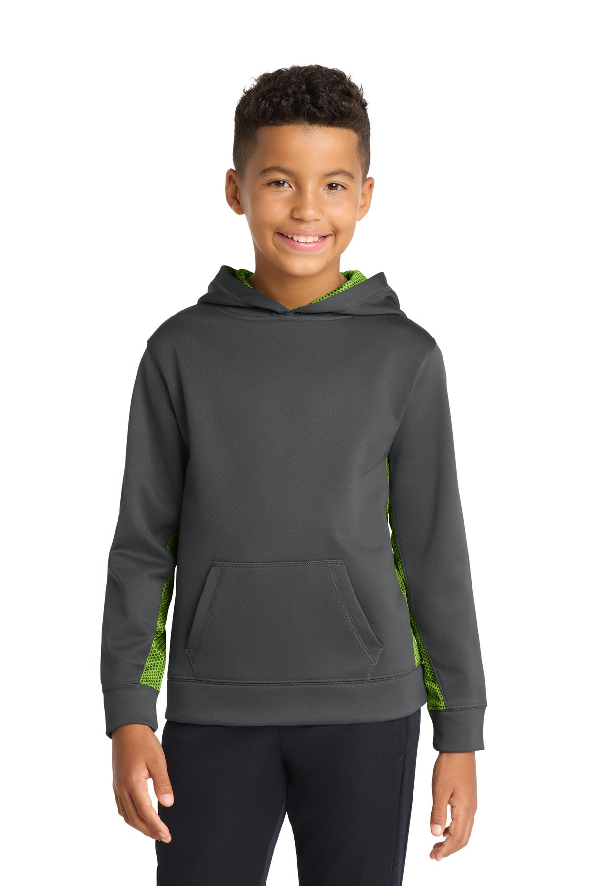 Sport-TekÂ® Youth Sport-WickÂ® CamoHex Fleece Colorblock Hooded Pullover.  YST239