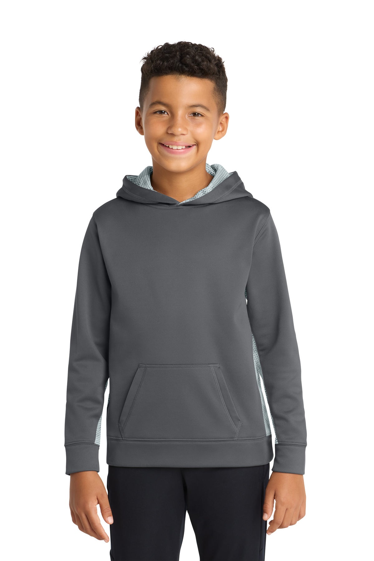 Sport-TekÂ® Youth Sport-WickÂ® CamoHex Fleece Colorblock Hooded Pullover.  YST239
